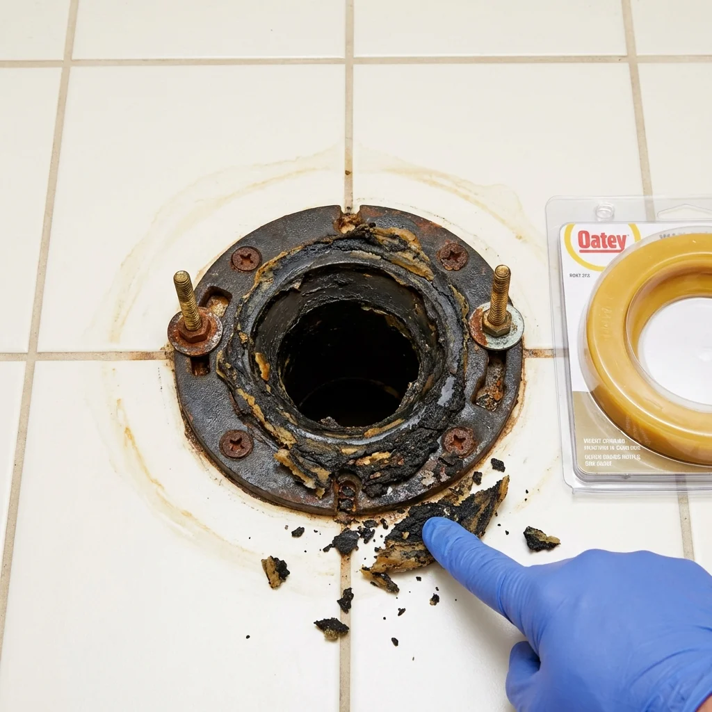 Failed wax ring showing water seepage at the base of a toilet in a Longview, WA home