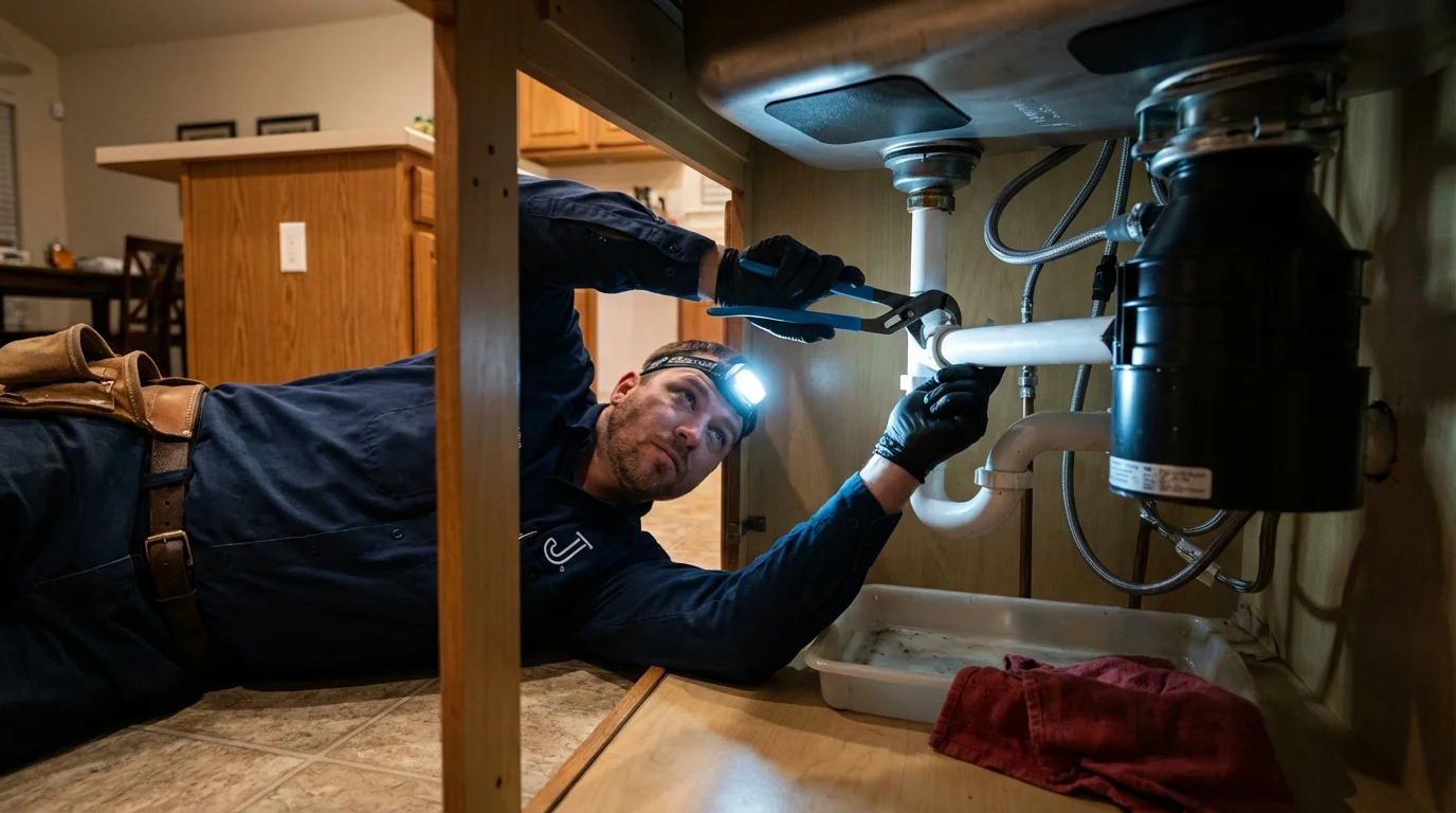 P-trap and supply line connections under a kitchen sink showing a common leak point in Longview, WA